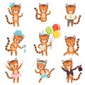 Cute Little Tiger in Different Situations Set, Adorable Wild Animal Cartoon Character Vector Illustration Royalty Free Stock Photo