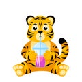 Cute little Tiger drinking juice isolated. Character cartoon striped tiger with cup