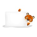 Cute little tiger with empty paper sheet. Chinese 2022 year symbol. Year of tiger mascot. Cartoon smiling adorable character. Vect Royalty Free Stock Photo