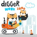 Cute little tiger on excavator. Can be used for t-shirt print, kids wear fashion design, print for t-shirts, baby clothes, poster