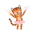 Cute Little Tiger Girl Wearing Pink Skirt with Heart Shaped Eyes, Adorable Wild Animal Cartoon Character Vector