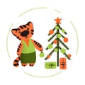Cute little tiger in green suit celebrates happy new year and decorates the Christmas tree. Vector flat illustration hand drawn.
