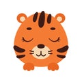 Cute little tiger head with closed eyes. Cartoon animal character for kids t-shirts, nursery decoration, baby shower Royalty Free Stock Photo
