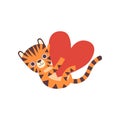 Cute Little Tiger Holding Big Heart, Adorable Wild Animal Cartoon Character Vector Illustration Royalty Free Stock Photo