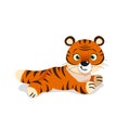 Cute little tiger in relaxing pose. Chinese 2022 year symbol. Year of tiger. Cartoon mascot. Smiling adorable character. Vector il Royalty Free Stock Photo