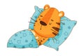 Cute little tiger sleeping in bed. Adorable baby animal character cartoon vector illustration Royalty Free Stock Photo