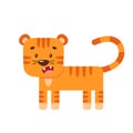 Cute little tiger stands and shows teeth. Simple cartoon flat illustration with wild animal for nursery poster design. Symbol of