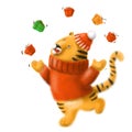 cute little tiger the symbol of 2022 juggling present boxes, winter illustration with the cartoon character