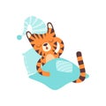 Cute Little Tiger Wearing Cap Sleeping in Bed, Adorable Wild Animal Cartoon Character Vector Illustration Royalty Free Stock Photo