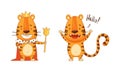 Cute little tigers set. Funny baby animal character saying Hello and smiling wearing golden crown and cape vector Royalty Free Stock Photo