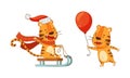 Cute little tigers set. Funny baby animal riding sledge and holding red inflatable balloon vector illustration