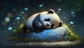 a cute little tired baby panda sleeping on a little rock, children good night artwork, generative ai technology