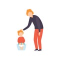 Cute Little Toddler Baby Sitting on Potty, Parent Taking Care of His Child Vector Illustration