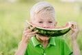 Cute little toddler boy with blond hairs eating watermelon in summergarden