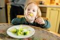 Cute little toddler boy eating broccoli. First solid foods. Fresh organic vegetables for infants. Healthy nutrition Royalty Free Stock Photo