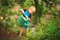 Cute little toddler boy watering plants with watering can in the garden. Adorable little child helping parents to grow vegetables Royalty Free Stock Photo