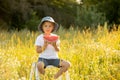 Cute little toddler child, blond boy, eating watermelon in beautiful daisy field