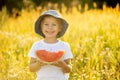 Cute little toddler child, blond boy, eating watermelon in beautiful daisy field