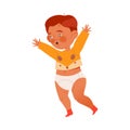 Cute Little Toddler in Diaper Making His First Unsteady Steps Vector Illustration
