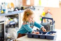 Cute little toddler girl helping in the kitchen with dish washing machine. Happy healthy blonde child sorting knives Royalty Free Stock Photo