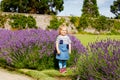 Cute little toddler girl with lavender rows in garden. Happy healthy child smiling and looking at the camera. Royalty Free Stock Photo