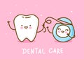 Cute little tooth with dental floss on pink background