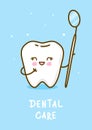 Cute little tooth with dental mirror instrument on blue background