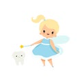 Cute Little Tooth Fairy with Baby Tooth and Magic Wand, Lovely Blonde Fairy Girl Cartoon Character in Light Blue Dress Royalty Free Stock Photo