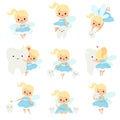 Cute Little Tooth Fairy with Baby Teeth Set, Lovely Blonde Fairy Girl Cartoon Character in Light Blue Dress with Wings Royalty Free Stock Photo