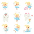 Cute Little Tooth Fairy and Healthy Baby Teeth Set, Lovely Blonde Fairy Girl Cartoon Character in Light Blue Dress with Royalty Free Stock Photo