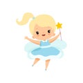 Cute Little Tooth Fairy with Magic Wand, Lovely Blonde Fairy Girl Cartoon Character in Light Blue Dress with Wings Royalty Free Stock Photo