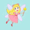 Cute little tooth fairy in a pink dress with wand on abstract background