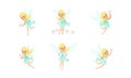 Cute Little Tooth Fairy Set, Charming Blonde Girl with Wings in Blue Dress Holding Kids Tooth Cartoon Vector Royalty Free Stock Photo