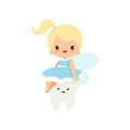 Cute Little Tooth Fairy Sitting on Baby Tooth, Lovely Blonde Fairy Girl Cartoon Character in Light Blue Dress with Wings