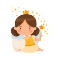 Cute Little Tooth Fairy Sitting with First Baby Tooth and Wand Vector Illustration