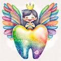 Cute little tooth fairy wearing a crown with a colorful tooth