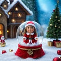 Cute little toy girl in Santa Claus costume inside glass christmas bauble Royalty Free Stock Photo