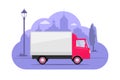 Cute little truck on city silhouette background. Pink lorry on purple monochrome background. Truck concept illustration for app or