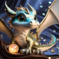 cute little turquoise dragon with big wings is diligently posing with a golden layer. Fantastic monsters