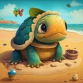 Cute little turtle vivid color background. Cartoon style sea animal illustration, generative AI Royalty Free Stock Photo