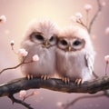 A cute, little two baby owls, symbol of love. Pastel, creative, animal concept Royalty Free Stock Photo