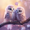 A cute, little two baby owls, symbol of love. Pastel, creative, animal concept