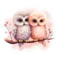 A cute, little two baby owls, symbol of love. Pastel, creative, animal concept Royalty Free Stock Photo