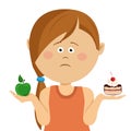 Cute little unhappy girl choosing between apple and sweets, isolated over white
