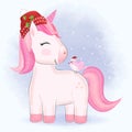 Cute little unicorn and bird, Christmas season watercolor illustration Royalty Free Stock Photo