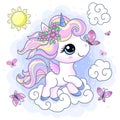 Cute little unicorn with a butterfly. Vector illustration