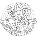 Cute little unicorn outline. Kawaii black and white for coloring. Rainbow cloud background.