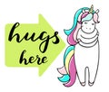 Cute little unicorn is cuddeling yourself. Hags here text. Vector isolated illustration.