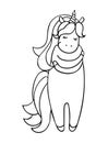 Cute little unicorn is cuddling yourself. Black and white vector isolated illustration for coloring book.