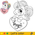 Cute little unicorn with a heart coloring book page